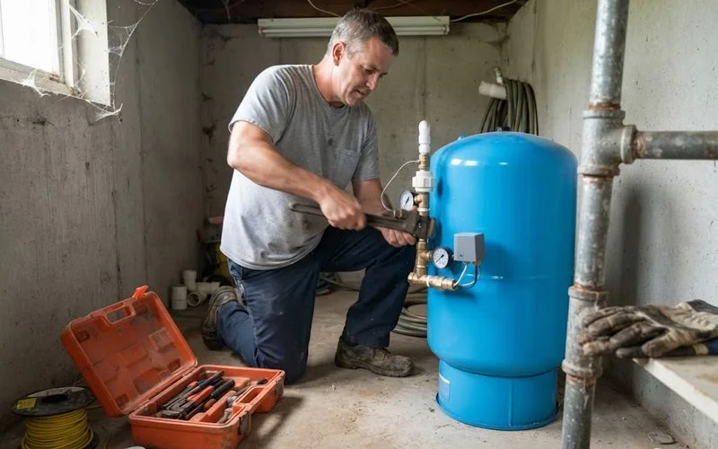 Technician setting a new vertical pressure tank in place next to a well pump pressure gauge and shutoff valve