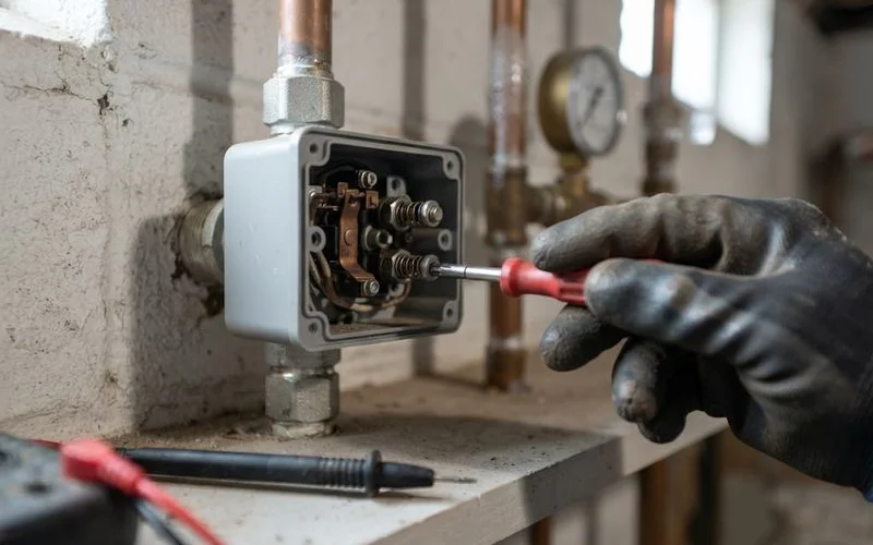 Close-up of an open well pump pressure switch showing contact points and the pressure adjustment nuts