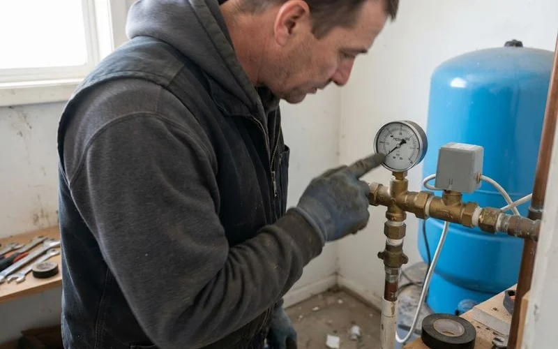 Pressure gauge and tank connections on a residential well system with a homeowner noting the readings