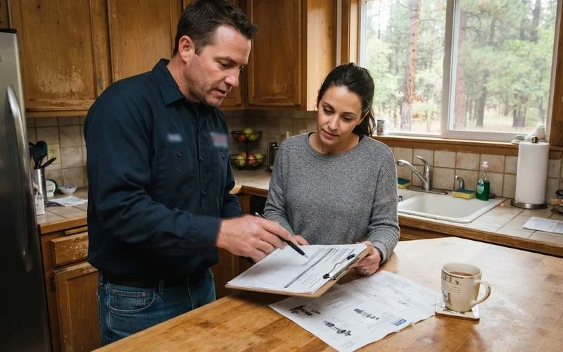 Homeowner reviewing a written well pump repair estimate at a kitchen table with a pressure tank visible through a doorway