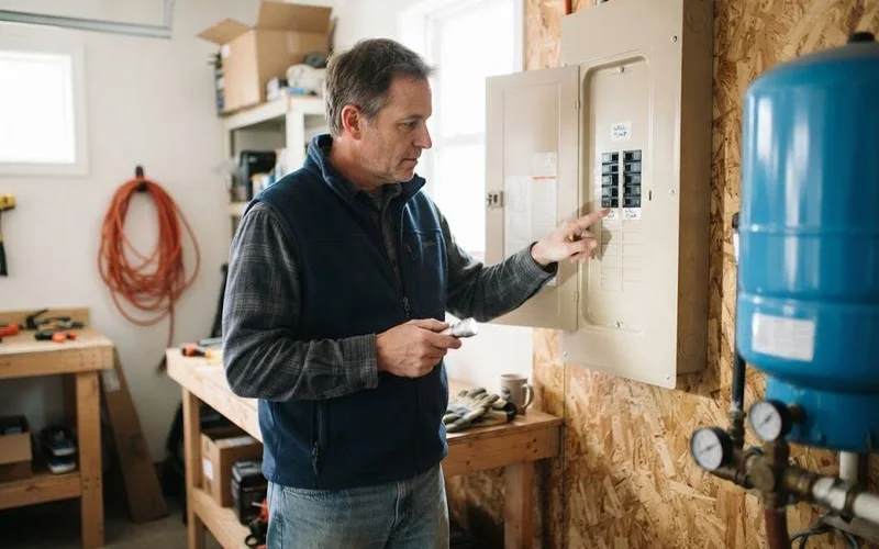 Homeowner with a flashlight and notepad checking the pressure gauge and breaker panel for a well system
